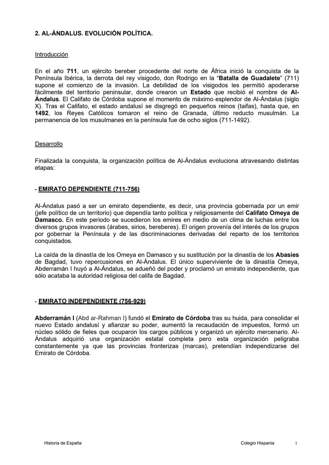 2. AL-ÁNDALUS. EVOLUCIÓN POLÍTICA.
Introducción
En el año 711, un ejército bereber procedente del norte de África inició la conquista de la
