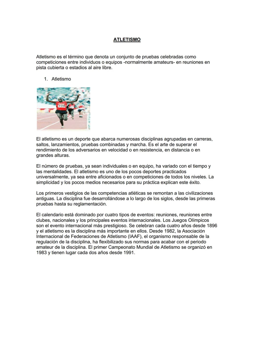 Atletismo es el término que denota un conjunto de pruebas celebradas como
competiciones entre individuos o equipos -normalmente amateurs- en