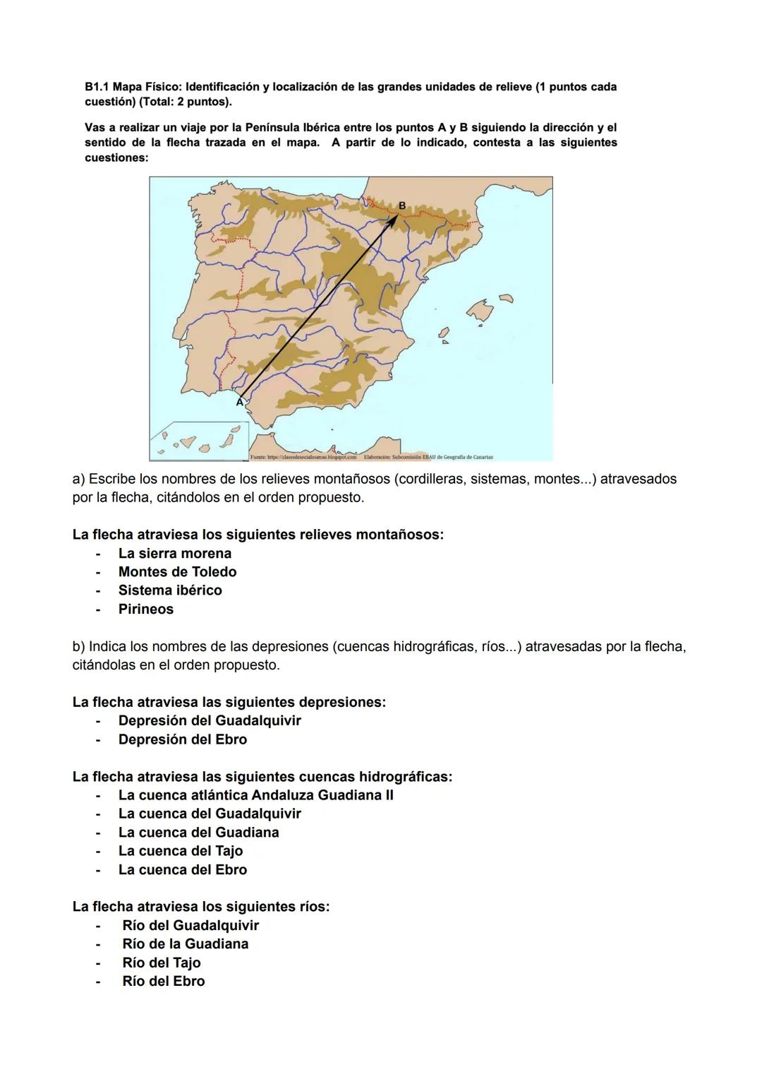 B1.1 Mapa Físico: Identificación y localización de las grandes unidades de relieve (1 puntos cada
cuestión) (Total: 2 puntos).
Vas a realiza