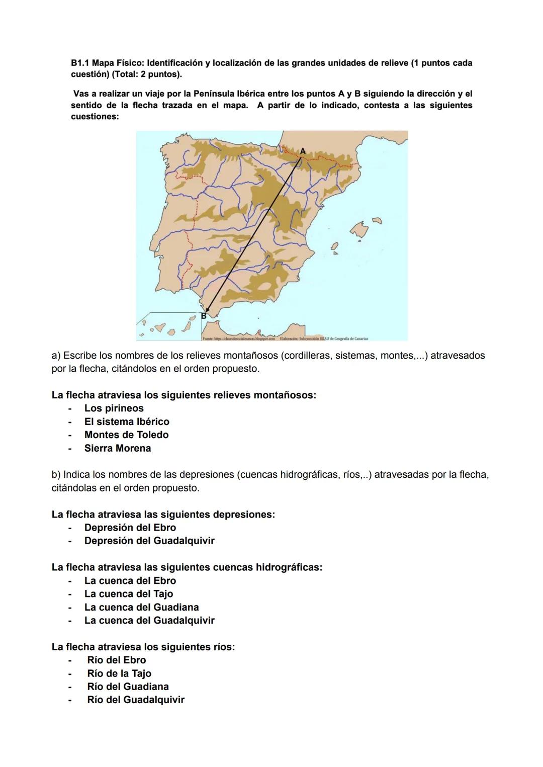 B1.1 Mapa Físico: Identificación y localización de las grandes unidades de relieve (1 puntos cada
cuestión) (Total: 2 puntos).
Vas a realiza