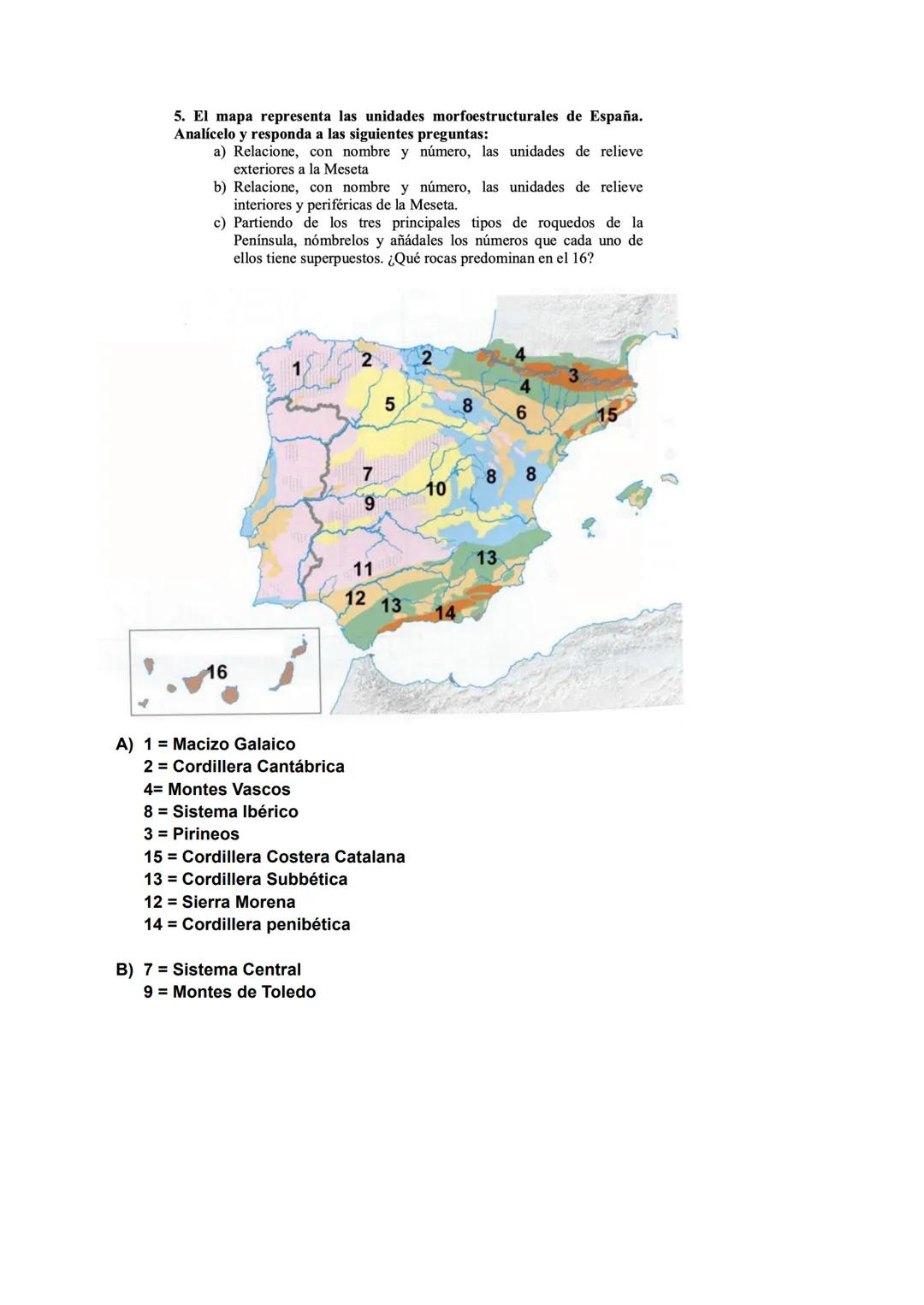 B1.1 Mapa Físico: Identificación y localización de las grandes unidades de relieve (1 puntos cada
cuestión) (Total: 2 puntos).
Vas a realiza