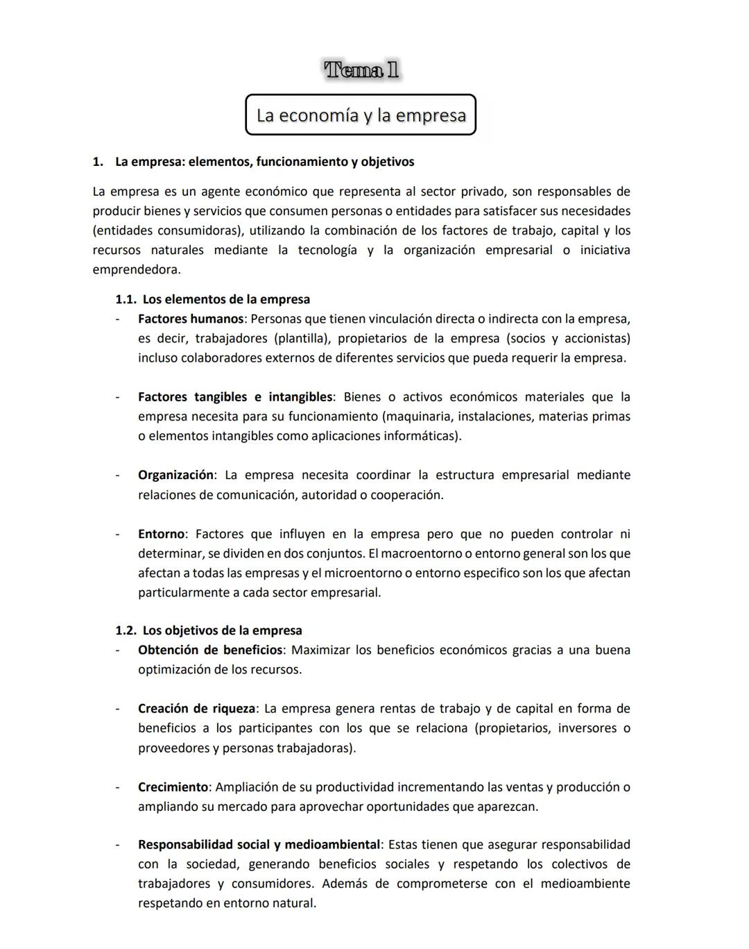Tema 1
La economía y la empresa
1. La empresa: elementos, funcionamiento y objetivos
La empresa es un agente económico que representa al sec