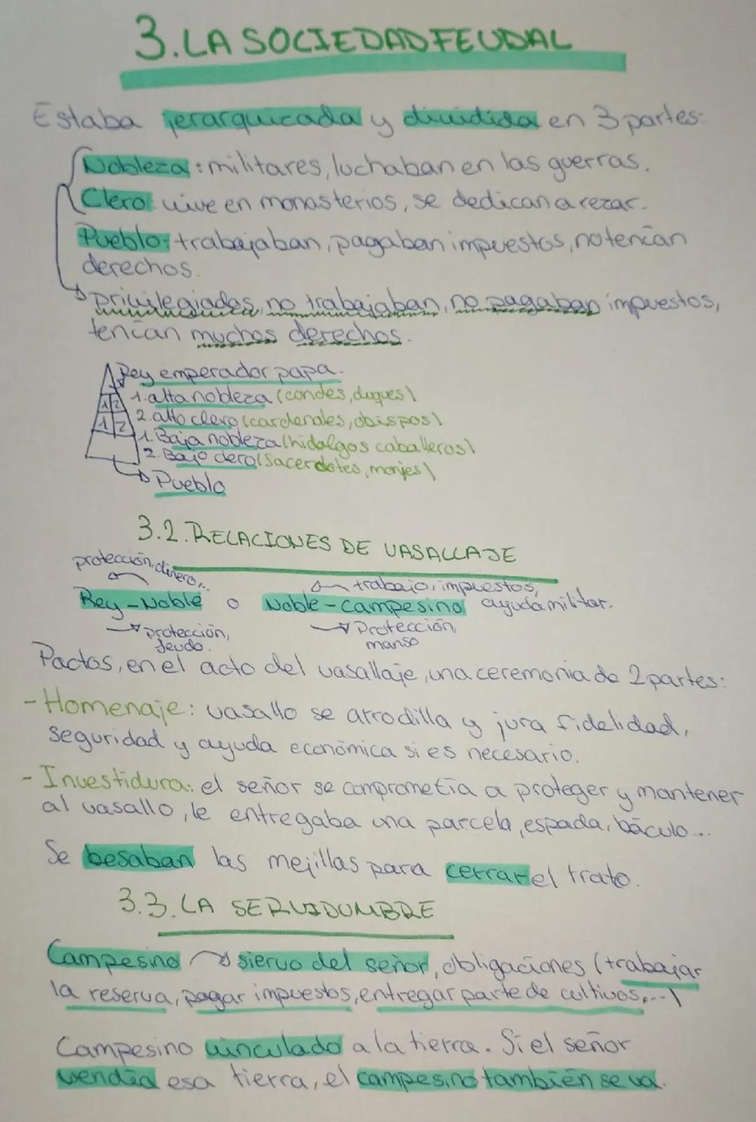 3.LA SOCIEDAD FEUDAL
Estaba jerarquicada y dividida en 3 partes:
Nobleza: militares, luchaban en las guerras.
Clero vive en monasterios, se 