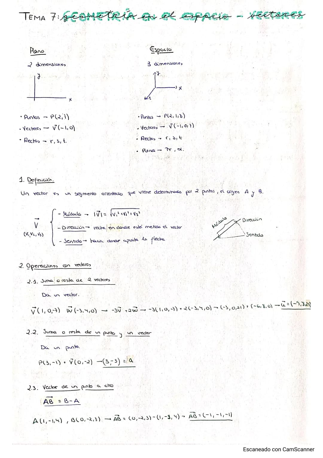 TEMA 7: scometrin en el espacio - sectares
Plano
2 dimensiones
y
• Puntos
P(2,1)
• Vectores - v (-1,0)
• Rectos - r, s, t.
1. Definición.
Un