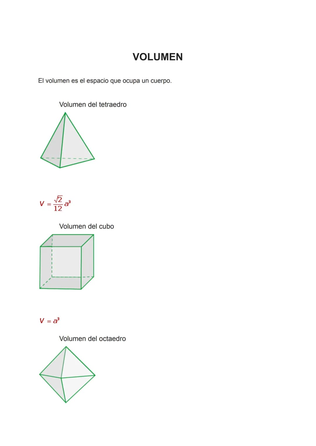 El volumen es el espacio que ocupa un cuerpo.
Volumen del tetraedro
√√2
V =
2
a³
Volumen del cubo
V = a³
VOLUMEN
Volumen del octaedro V =
1-
