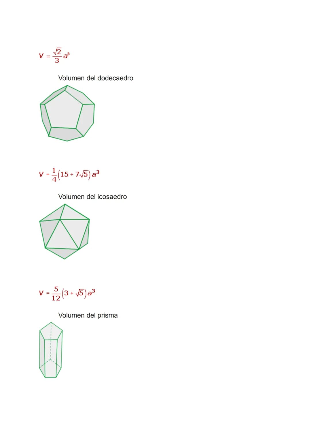 El volumen es el espacio que ocupa un cuerpo.
Volumen del tetraedro
√√2
V =
2
a³
Volumen del cubo
V = a³
VOLUMEN
Volumen del octaedro V =
1-