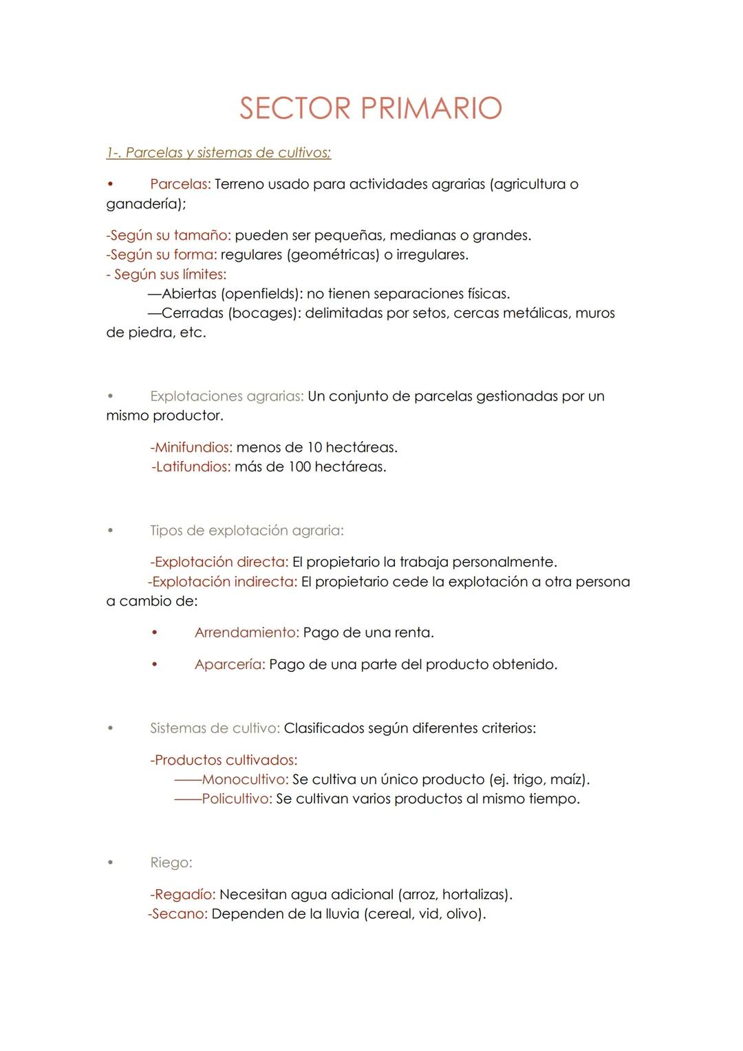 --- OCR Start ---
SECTOR PRIMARIO
1-. Parcelas y sistemas de cultivos;
• Parcelas: Terreno usado para actividades agrarias (agricultura o
ga