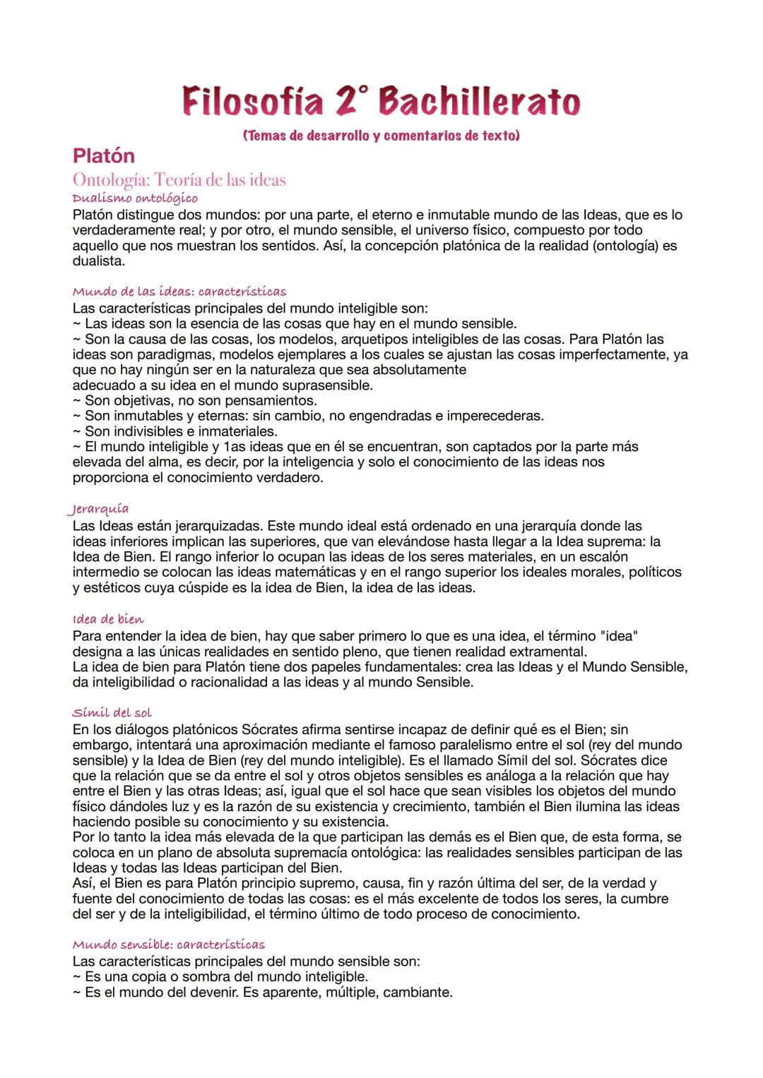 Filosofía 2º Bachillerato
(Temas de desarrollo y comentarios de texto)
Platón
Ontología: Teoría de las ideas
Dualismo ontológico
Platón dist