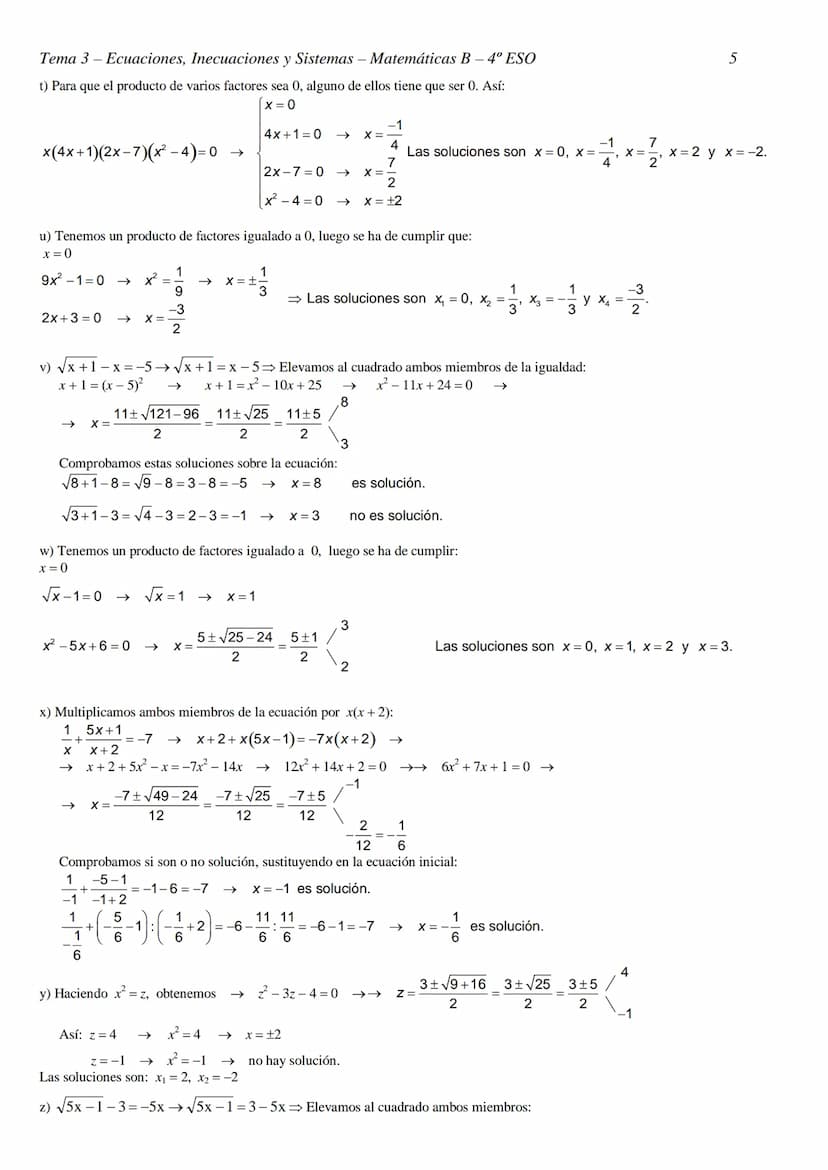 Tema 3- Ecuaciones, Inecuaciones y Sistemas - Matemáticas B- 4º ESO
TEMA 3 - ECUACIONES, INECUACIONES Y SISTEMAS
RESOLUCIÓN DE ECUACIONES
EJ