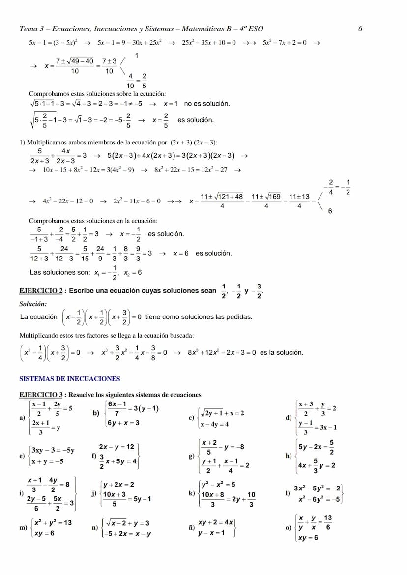 Tema 3- Ecuaciones, Inecuaciones y Sistemas - Matemáticas B- 4º ESO
TEMA 3 - ECUACIONES, INECUACIONES Y SISTEMAS
RESOLUCIÓN DE ECUACIONES
EJ