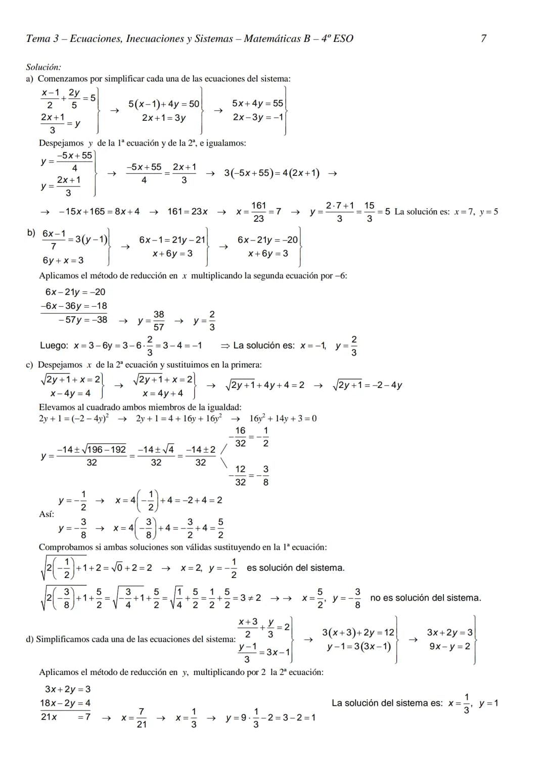 Tema 3- Ecuaciones, Inecuaciones y Sistemas - Matemáticas B- 4º ESO
TEMA 3 - ECUACIONES, INECUACIONES Y SISTEMAS
RESOLUCIÓN DE ECUACIONES
EJ
