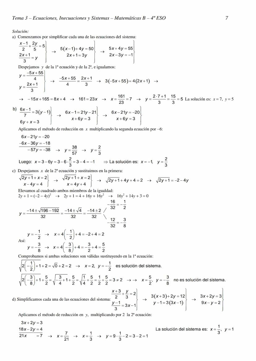 Tema 3- Ecuaciones, Inecuaciones y Sistemas - Matemáticas B- 4º ESO
TEMA 3 - ECUACIONES, INECUACIONES Y SISTEMAS
RESOLUCIÓN DE ECUACIONES
EJ