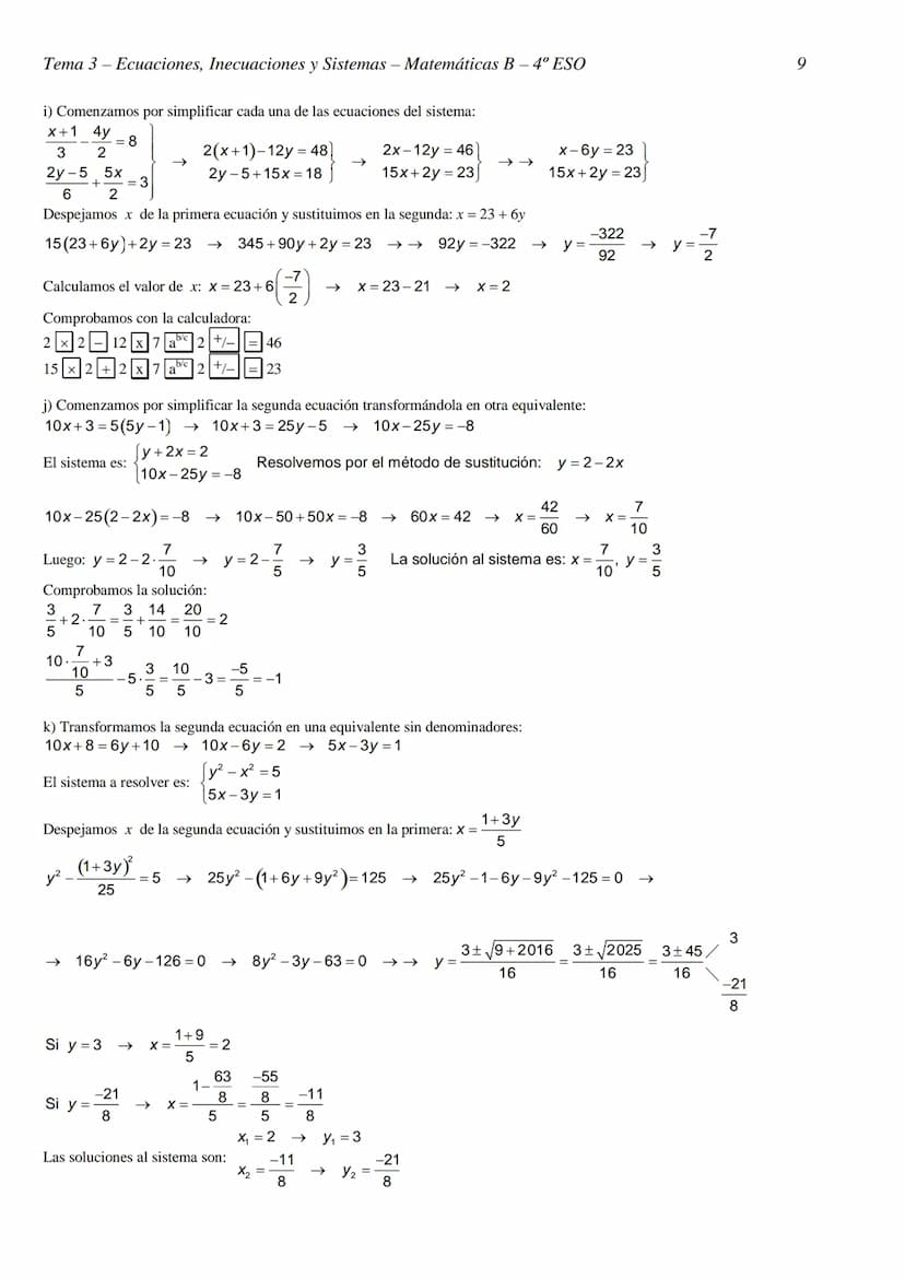 Tema 3- Ecuaciones, Inecuaciones y Sistemas - Matemáticas B- 4º ESO
TEMA 3 - ECUACIONES, INECUACIONES Y SISTEMAS
RESOLUCIÓN DE ECUACIONES
EJ