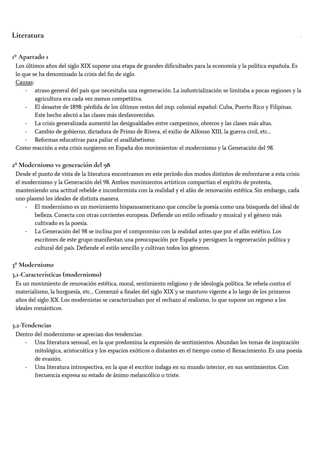 Literatura
1º Apartado I
Los últimos años del siglo XIX supone una etapa de grandes dificultades para la economía y la política española. Es