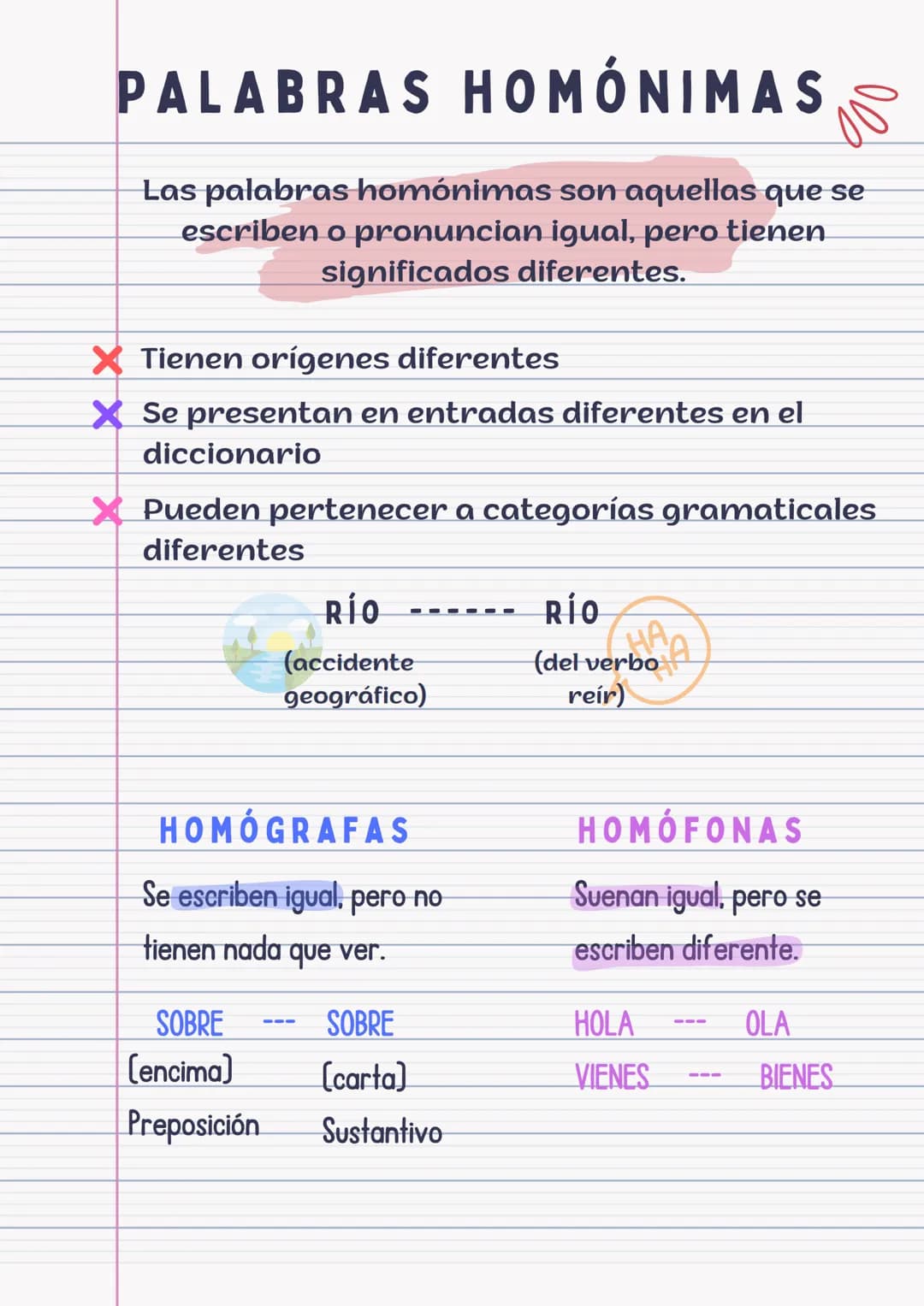 PALABRAS HOMÓNIMAS
Las palabras homónimas son aquellas que se
escriben o pronuncian igual, pero tienen
significados diferentes.
X Tienen orí