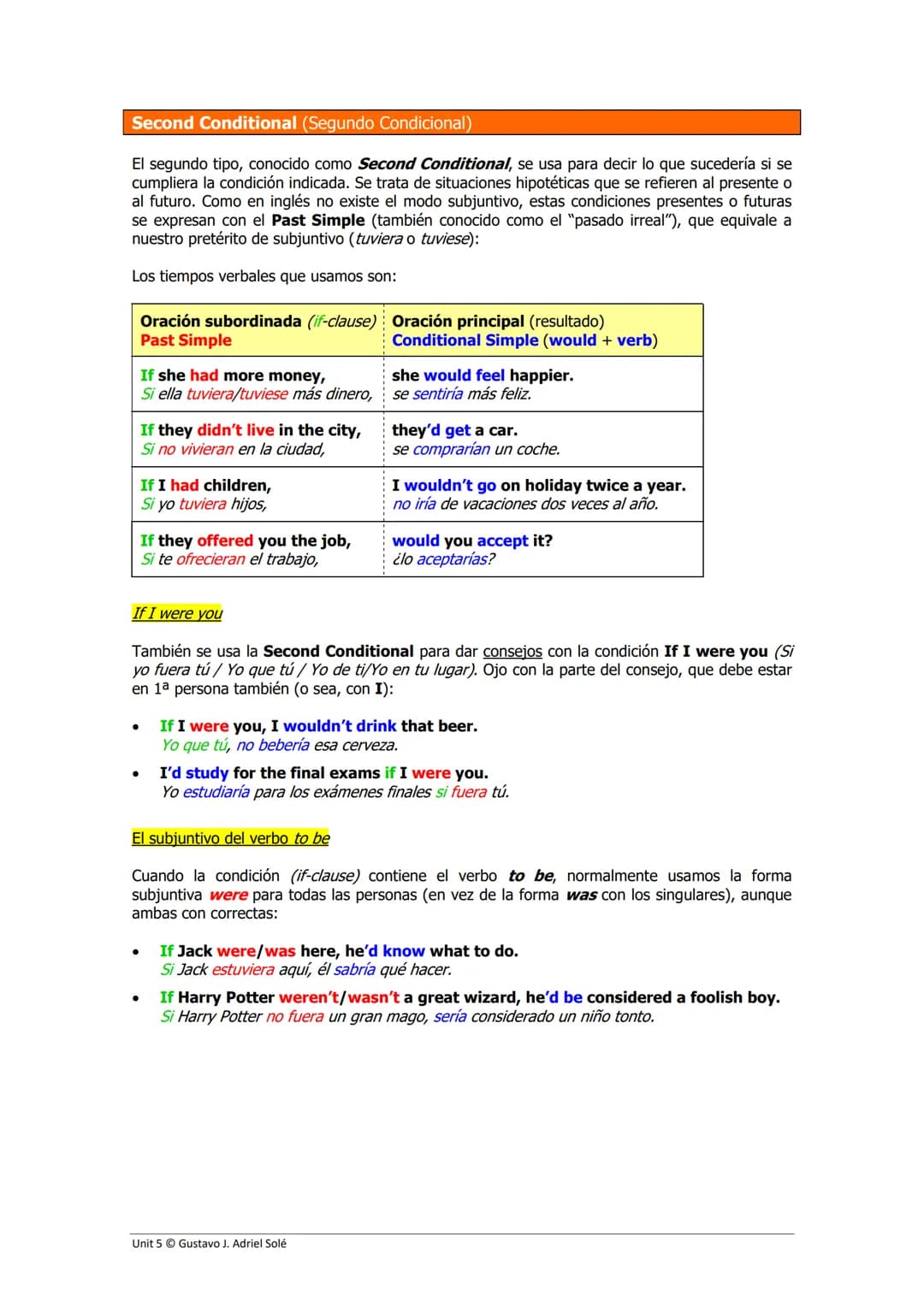 Second Conditional (Segundo Condicional)
El segundo tipo, conocido como Second Conditional, se usa para decir lo que sucedería si se
cumplie