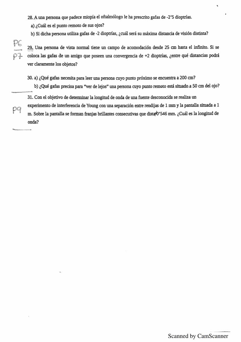 EJERCICIOS DE FÍSICA. TEMA 4: ÓPTICA.
P2 1. ¿Qué diferencias fundamentales existen entre una imagen real y una virtual?
2. Delante de un esp