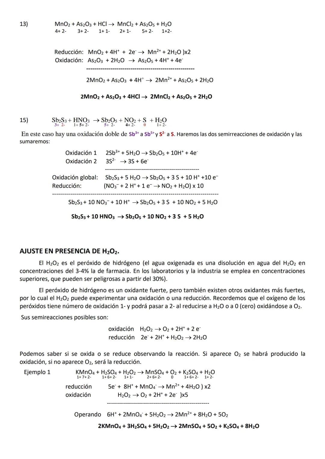 AJUSTE DE REACCIONES REDOX
Al final hay una información adicional de los ajustes en presencia de H₂O₂ y de ajustes en medio básico, no
oblig