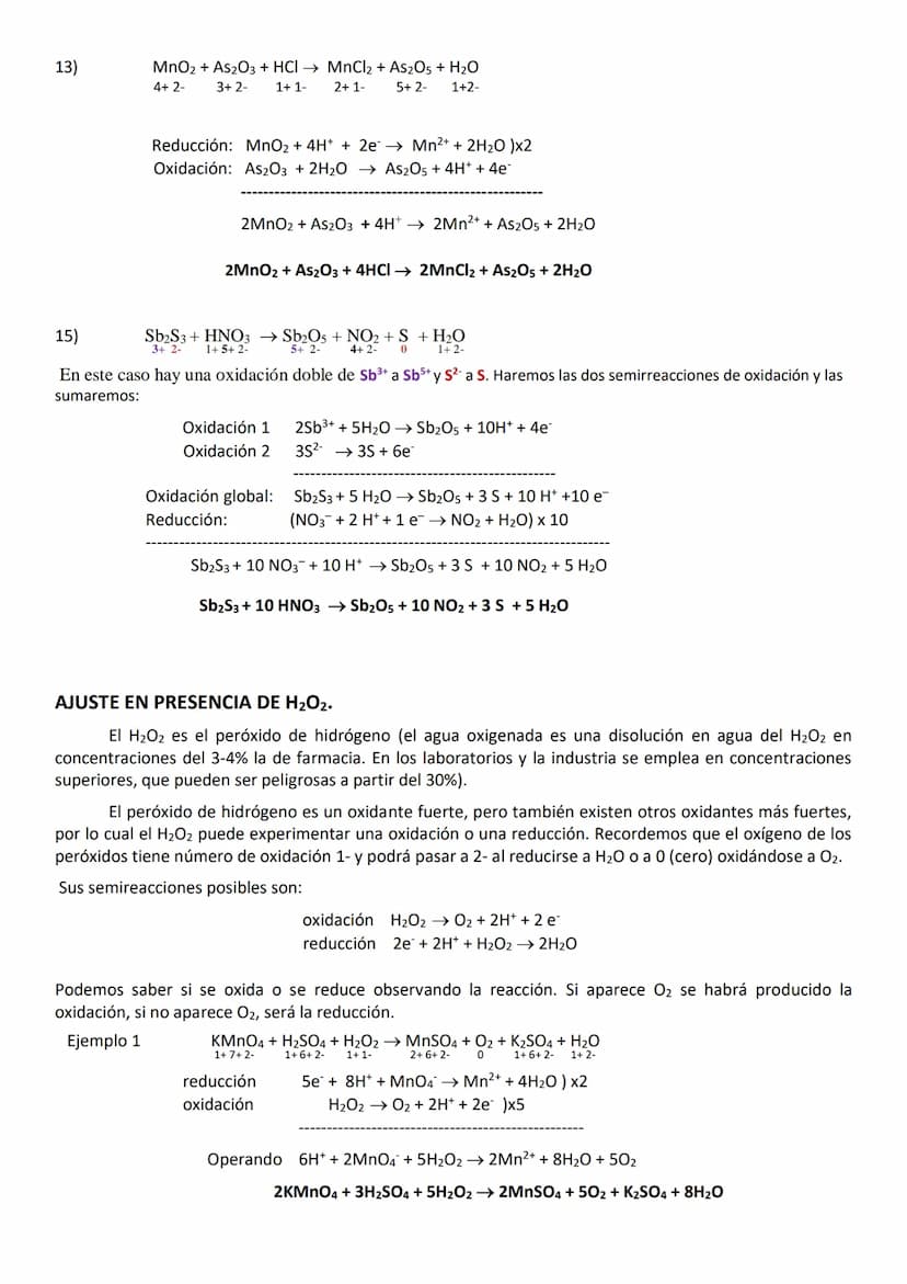 AJUSTE DE REACCIONES REDOX
Al final hay una información adicional de los ajustes en presencia de H₂O₂ y de ajustes en medio básico, no
oblig