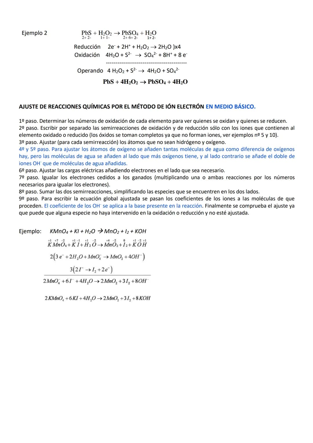 AJUSTE DE REACCIONES REDOX
Al final hay una información adicional de los ajustes en presencia de H₂O₂ y de ajustes en medio básico, no
oblig