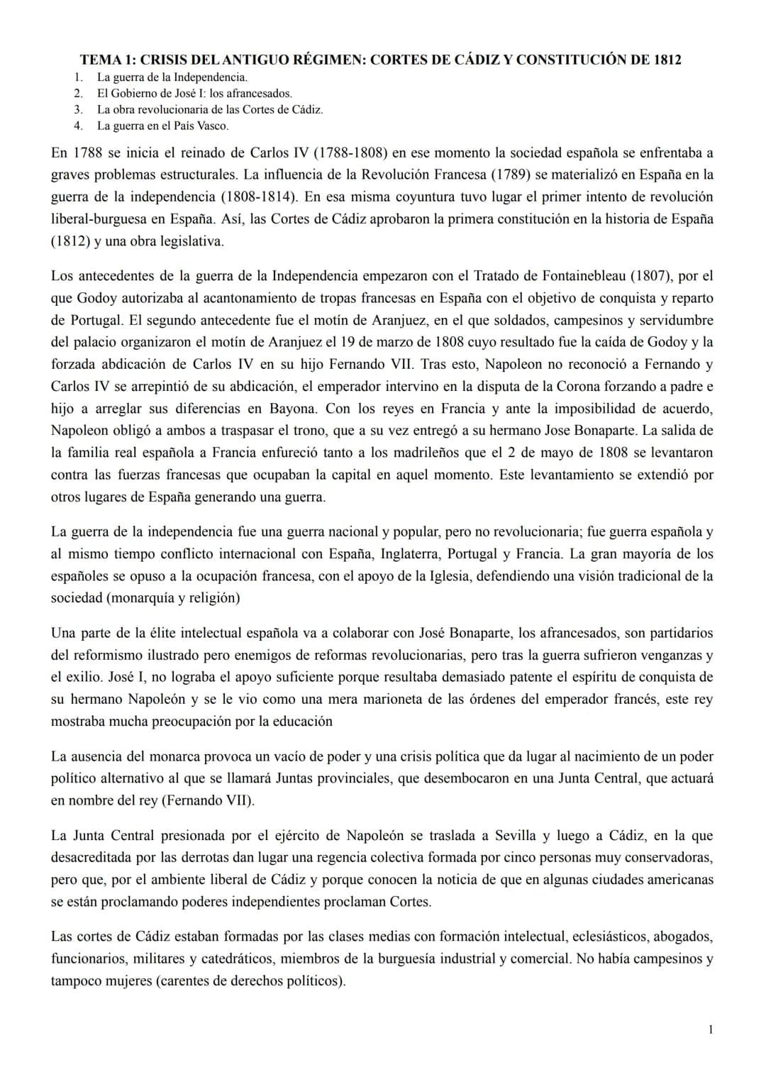 HISTORIA
SELECTIVIDAD
PRIMERA
PARTE TEMA 1: CRISIS DEL ANTIGUO RÉGIMEN: CORTES DE CÁDIZ Y CONSTITUCIÓN DE 1812
La guerra de la Independencia