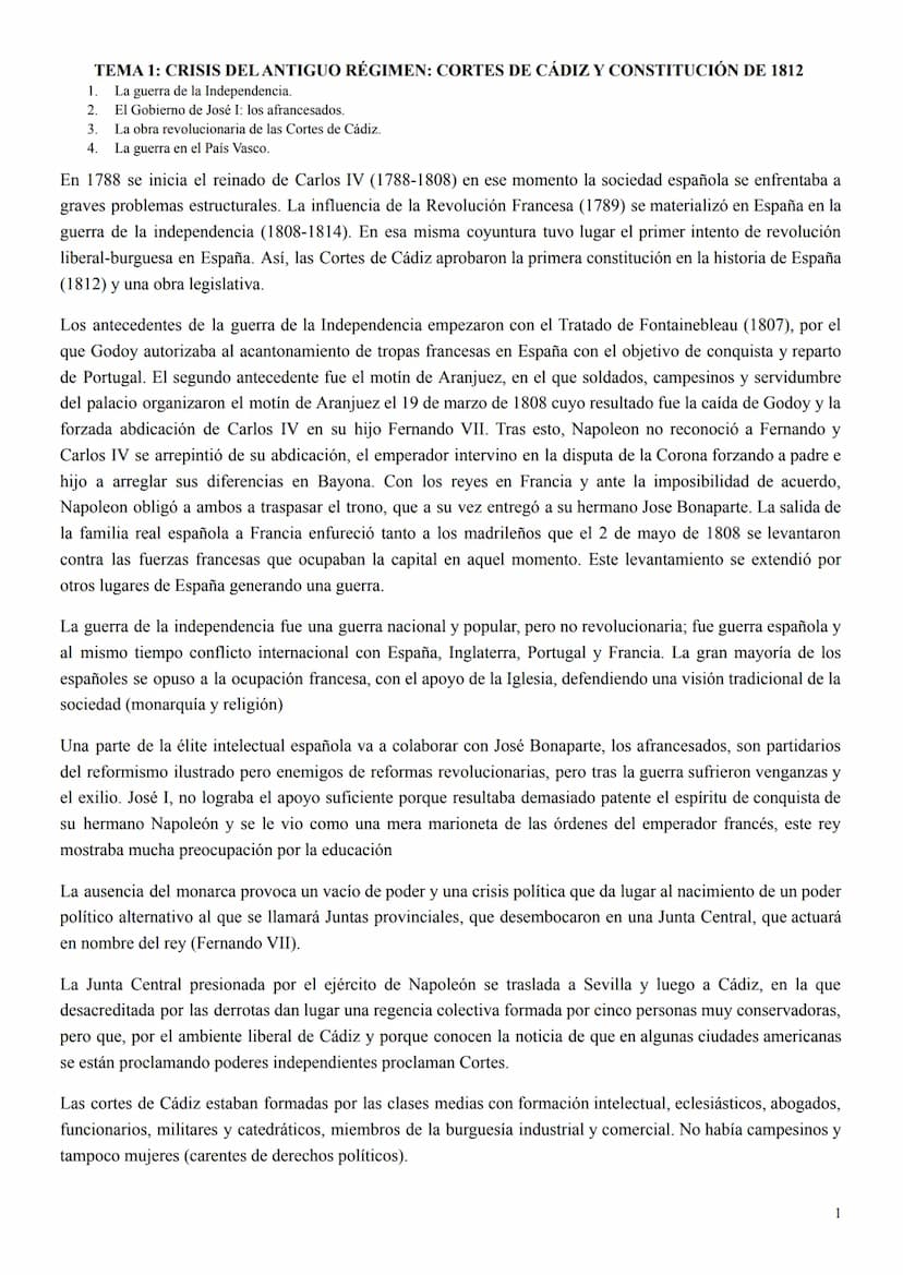 HISTORIA
SELECTIVIDAD
PRIMERA
PARTE TEMA 1: CRISIS DEL ANTIGUO RÉGIMEN: CORTES DE CÁDIZ Y CONSTITUCIÓN DE 1812
La guerra de la Independencia