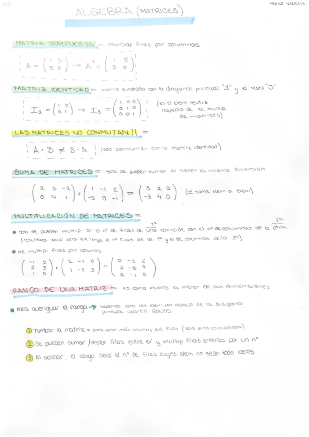 MATRIZ TRASPUESTA = cambias filas por columnas
- (3²)
:) →> A² = (
ALGEBRA (MATRICES)
MATRIZ 1DENTIDAD =
I₂ = (68) → Is =
1
37
matriz cuadra
