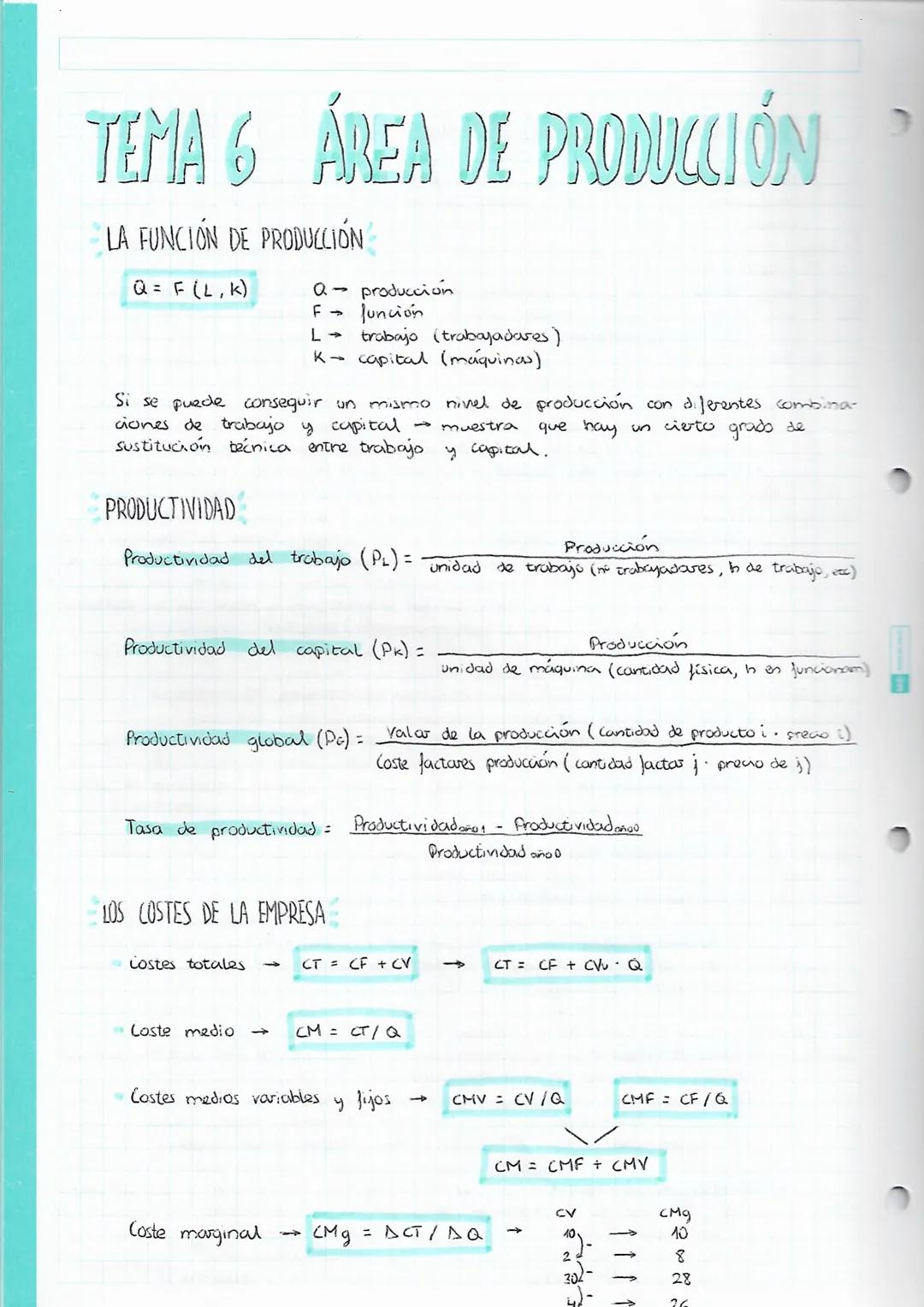 # TEMA 6 ÁREA DE PRODUCCIÓN

LA FUNCIÓN DE PRODUCCIÓN

$Q = F (L,K)$

Q- producción

F Junción

L trabajo (trabajadares)

K-capital (máquina