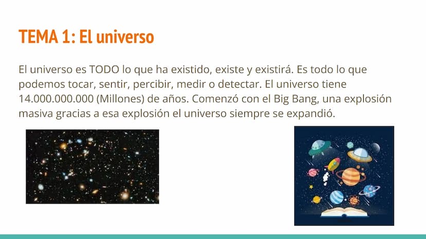 EL UNIVERSO
1º ESO C TEMA 1: El universo
El universo es TODO lo que ha existido, existe y existirá. Es todo lo que
podemos tocar, sentir, pe
