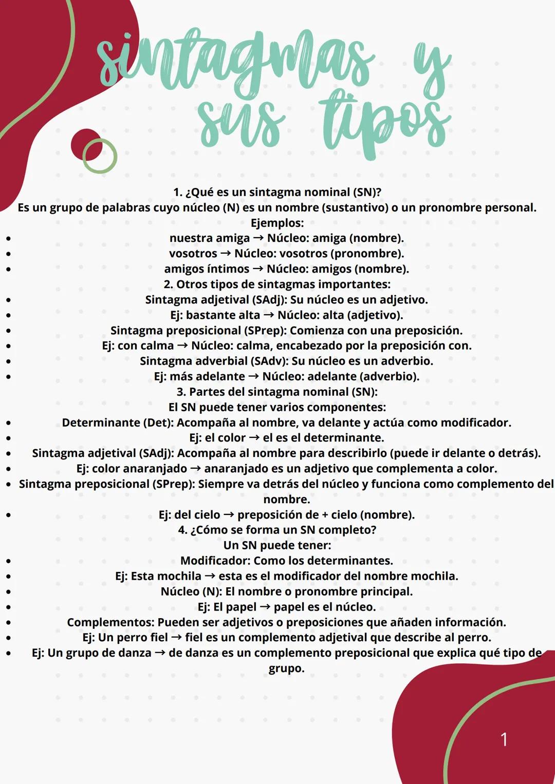 # ntagmas y
sus tipos

1. ¿Qué es un sintagma nominal (SN)?

Es un grupo de palabras cuyo núcleo (N) es un nombre (sustantivo) o un pronombr