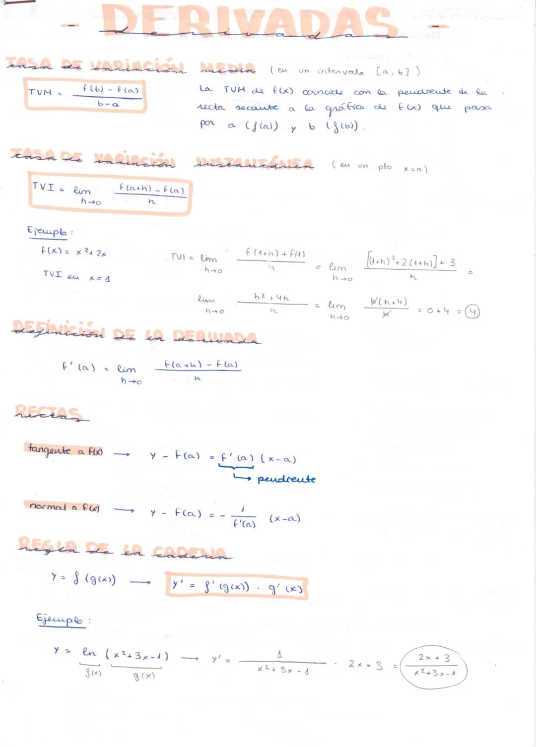 TUM =
TVI = lim
Ejemplo:
tasa de variacion
TVI eu
variación media
f(b) f(a)
DERIVADAS
f(x) = x² + 2x
rectan
6-a
tangente
h→0
x = 1
f' (a) =
