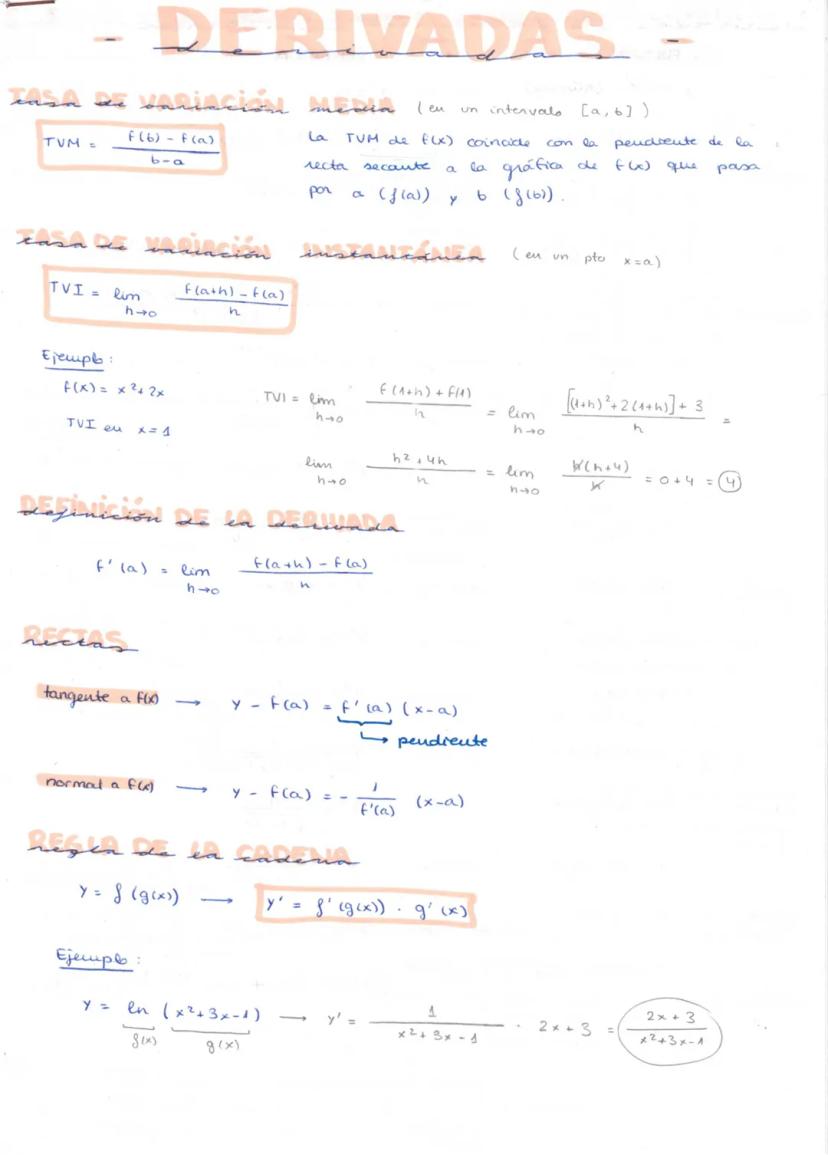 TUM =
TVI = lim
Ejemplo:
tasa de variacion
TVI eu
variación media
f(b) f(a)
DERIVADAS
f(x) = x² + 2x
rectan
6-a
tangente
h→0
x = 1
f' (a) =
