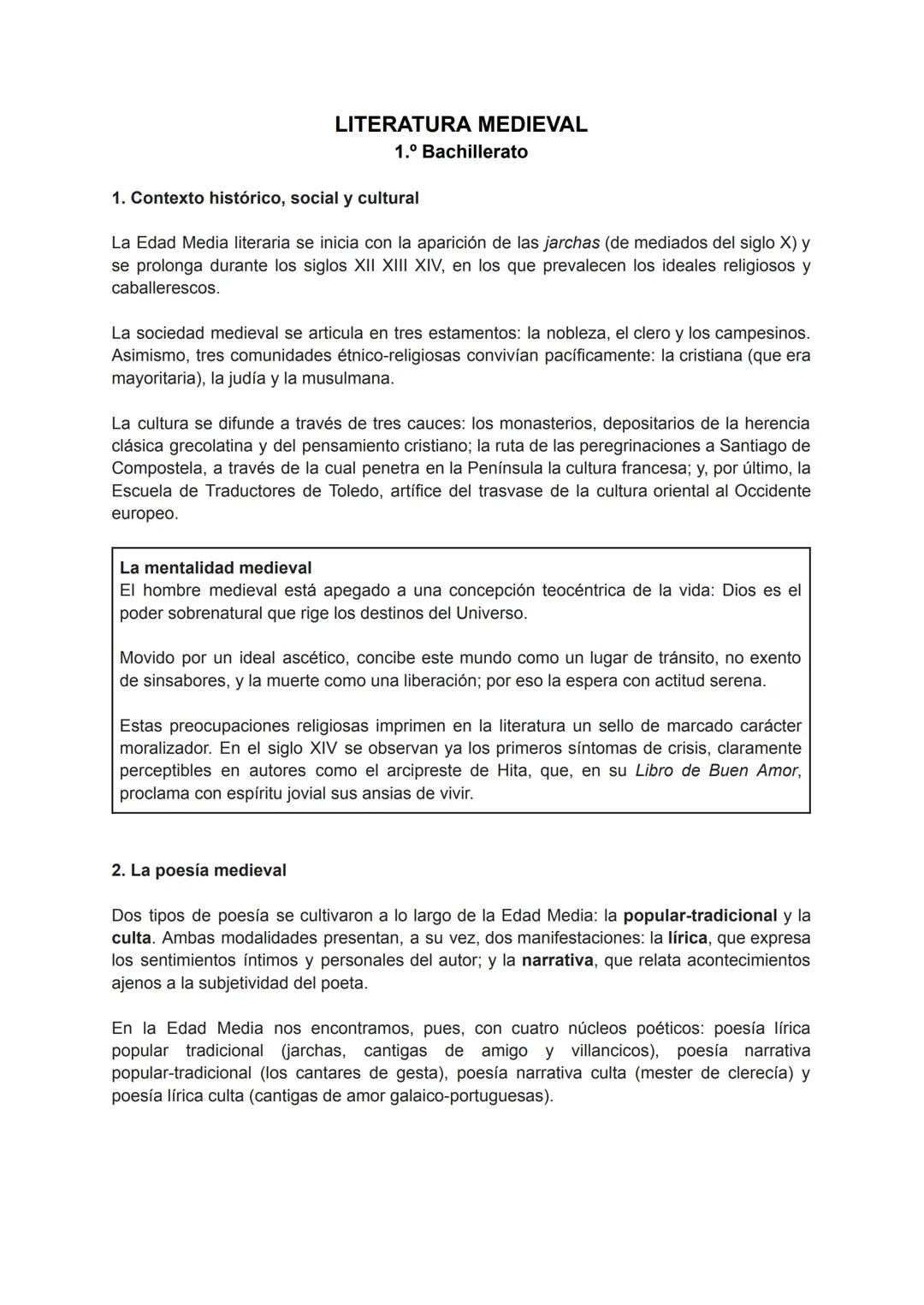 # LITERATURA MEDIEVAL
1.º Bachillerato

1. Contexto histórico, social y cultural

La Edad Media literaria se inicia con la aparición de las 