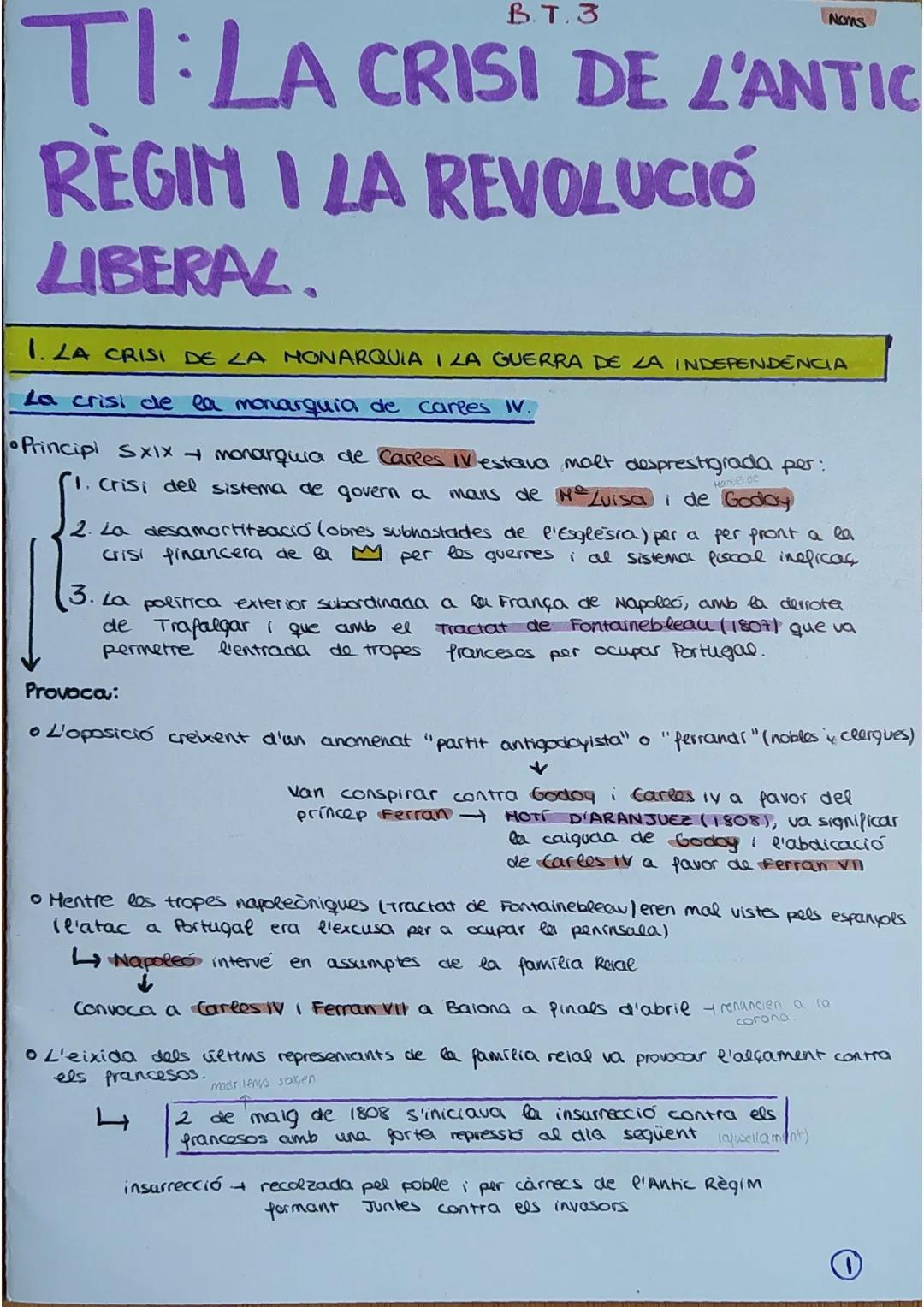 B.T.3
Nons
TI: LA CRISI DE L'ANTIC
RÈGIM I LA REVOLUCIÓ
LIBERAL.

1. LA CRISI DE LA MONARQUIA I LA GUERRA DE LA INDEPENDENCIA

La crisi de l