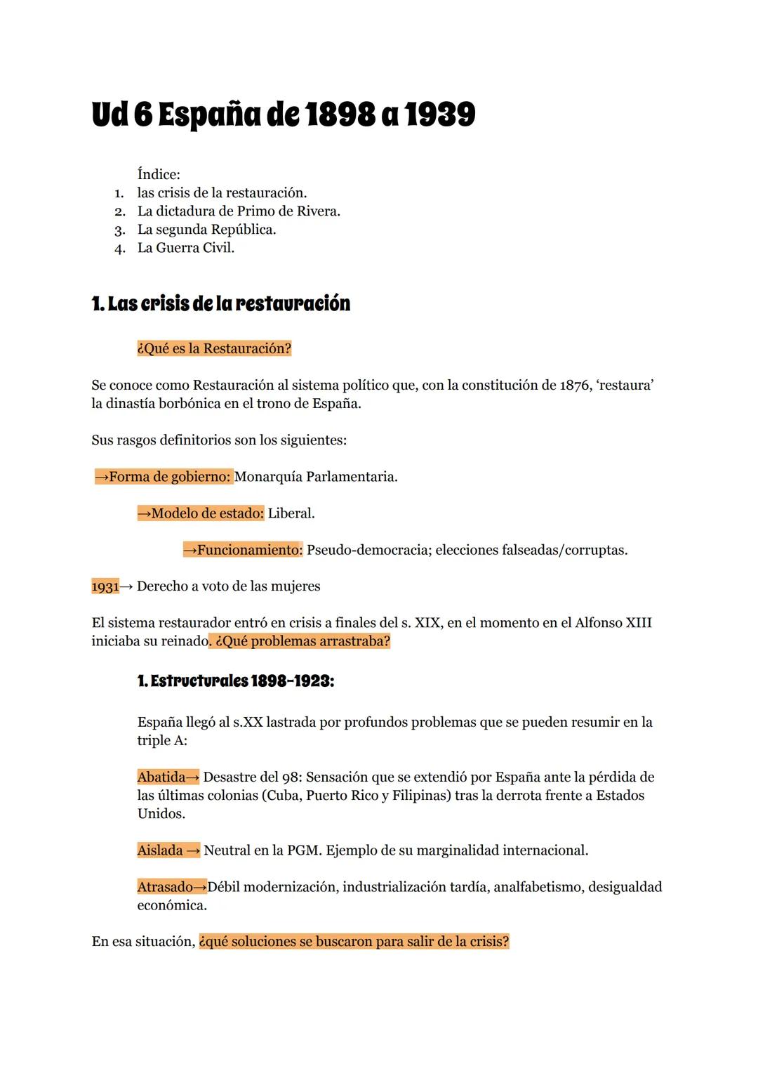 Ud 6 España de 1898 a 1939
Índice:
1. las crisis de la restauración.
2. La dictadura de Primo de Rivera.
3. La segunda República.
4. La Guer