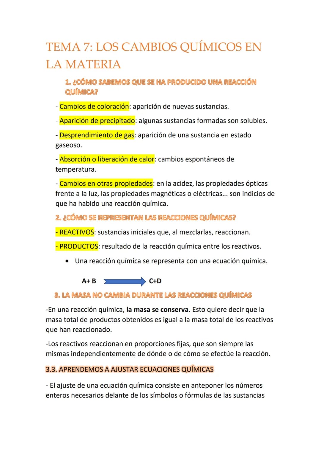 TEMA 7: LOS CAMBIOS QUÍMICOS EN
LA MATERIA
1. ¿CÓMO SABEMOS QUE SE HA PRODUCIDO UNA REACCIÓN
QUÍMICA?
- Cambios de coloración: aparición de 
