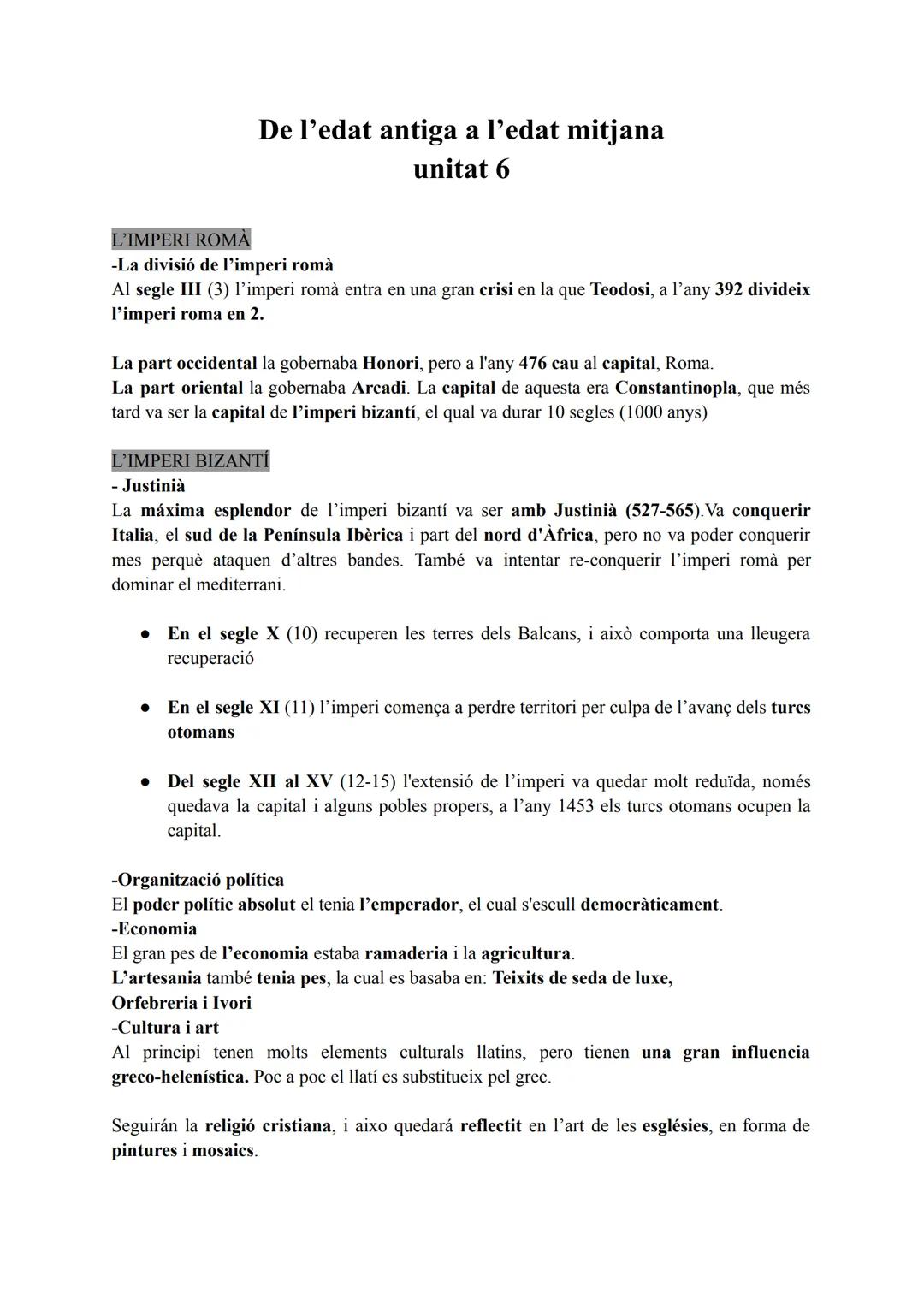 De l'edat antiga a l'edat mitjana
unitat 6
L'IMPERI ROMÀ
-La divisió de l'imperi romà
Al segle III (3) l'imperi romà entra en una gran crisi