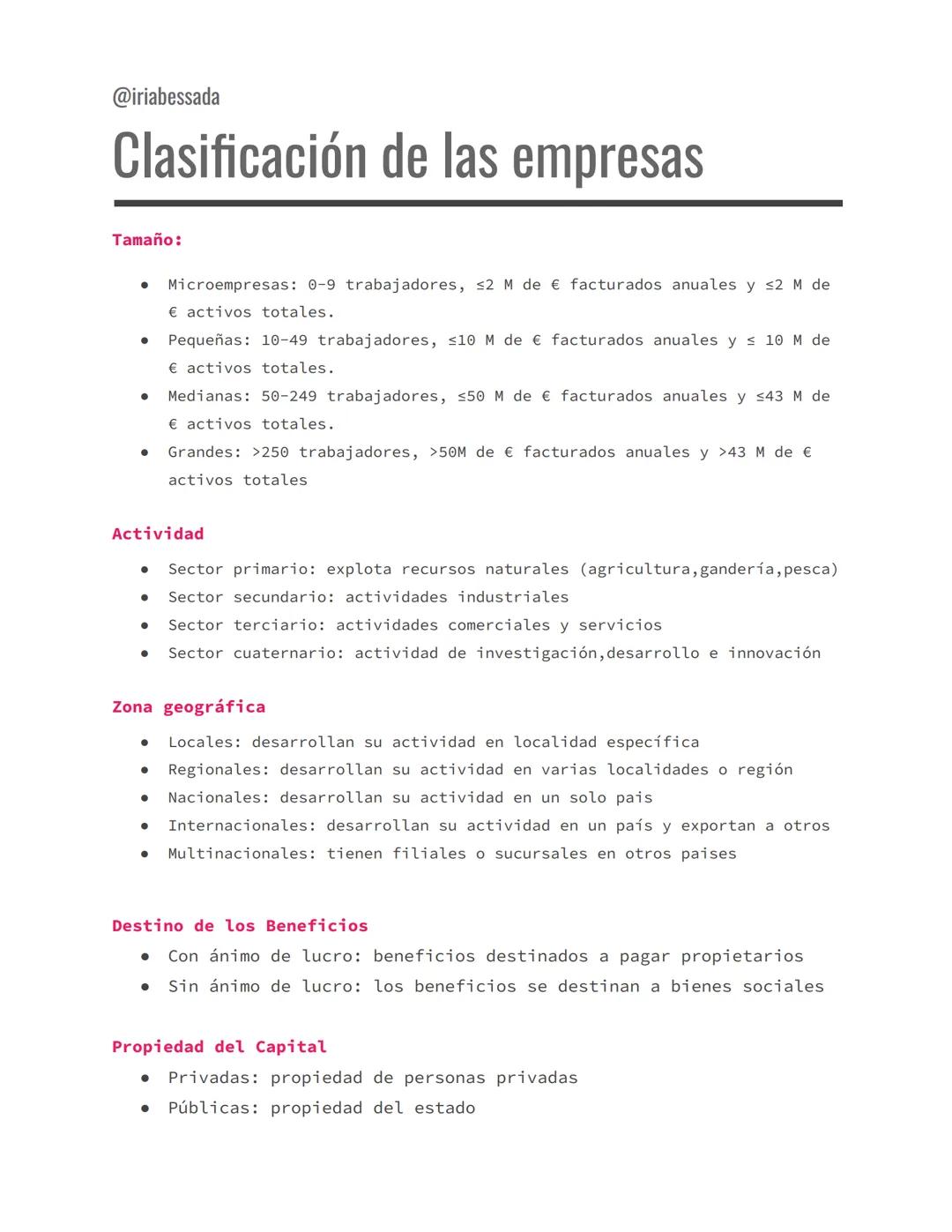 @iriabessada
Clasificación de las empresas
Tamaño:
● Microempresas: 0-9 trabajadores, ≤2 M de € facturados anuales y ≤2 M de
€ activos total