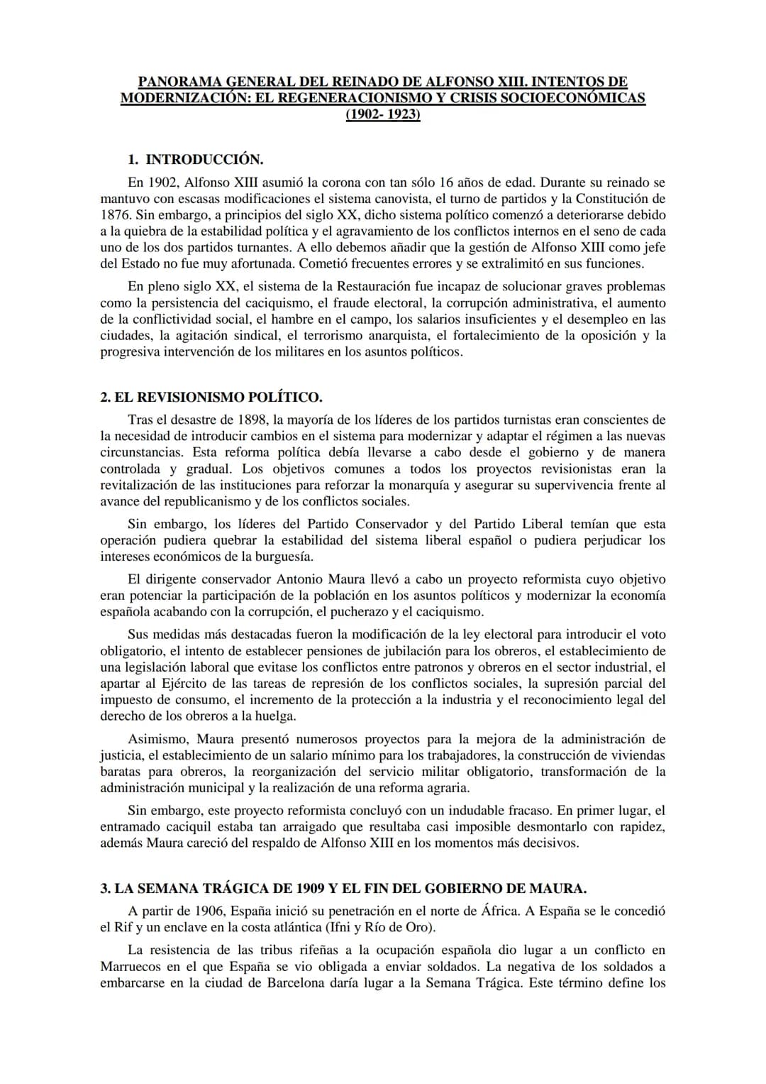PANORAMA GENERAL DEL REINADO DE ALFONSO XIII. INTENTOS DE
MODERNIZACIÓN: EL REGENERACIONISMO Y CRISIS SOCIOECONÓMICAS
(1902-1923)
1. INTRODU