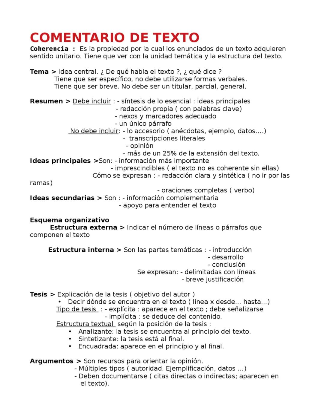 Esquema sencillo de entender para hacer un comentario de texto.