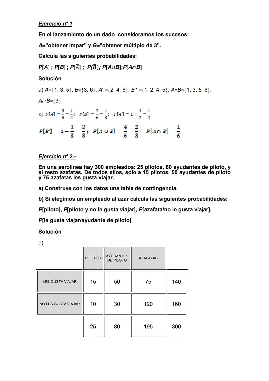 Ejercicio nº 1
En el lanzamiento de un dado consideramos los sucesos:
A="obtener impar" y B="obtener múltiplo de 3".
Calcula las siguientes 