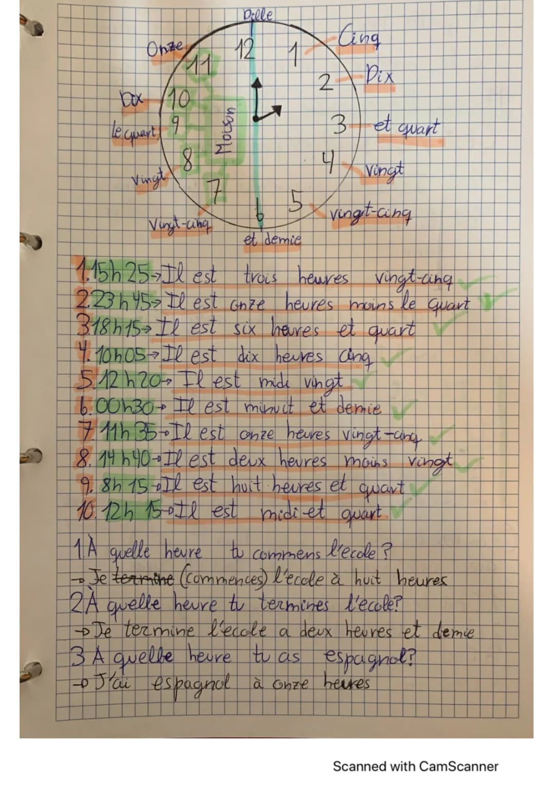 Ejercicios de l'heure en français avec Solutions PDF