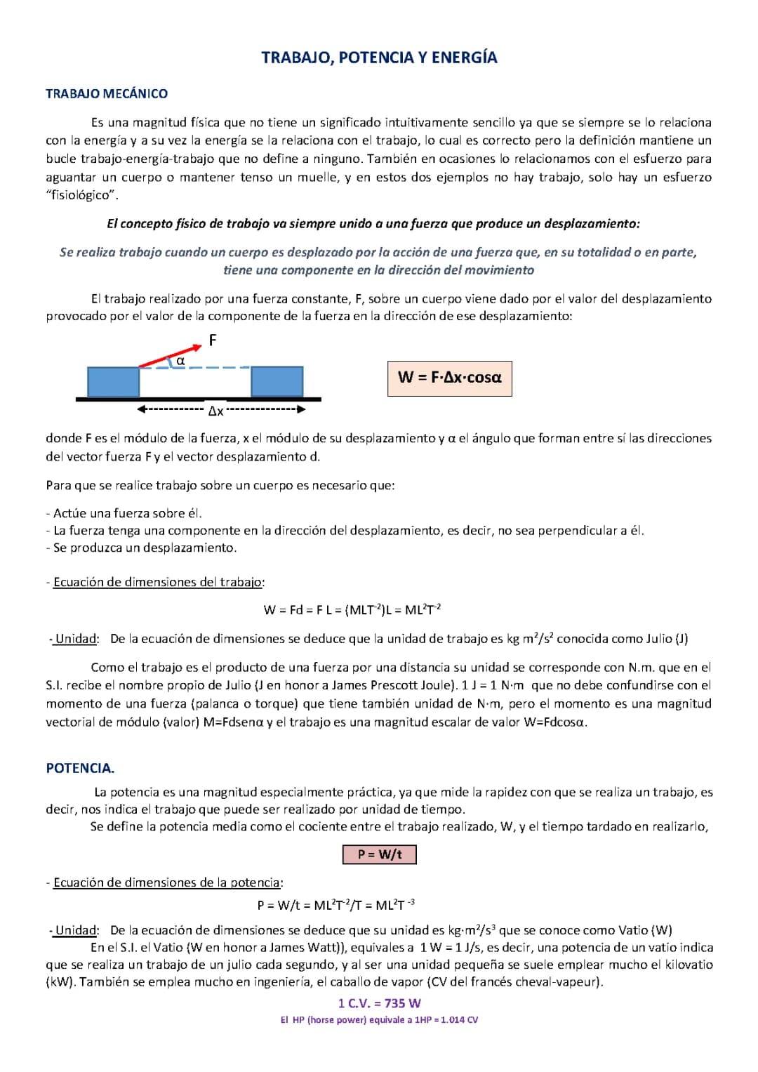 TRABAJO, POTENCIA Y ENERGÍA