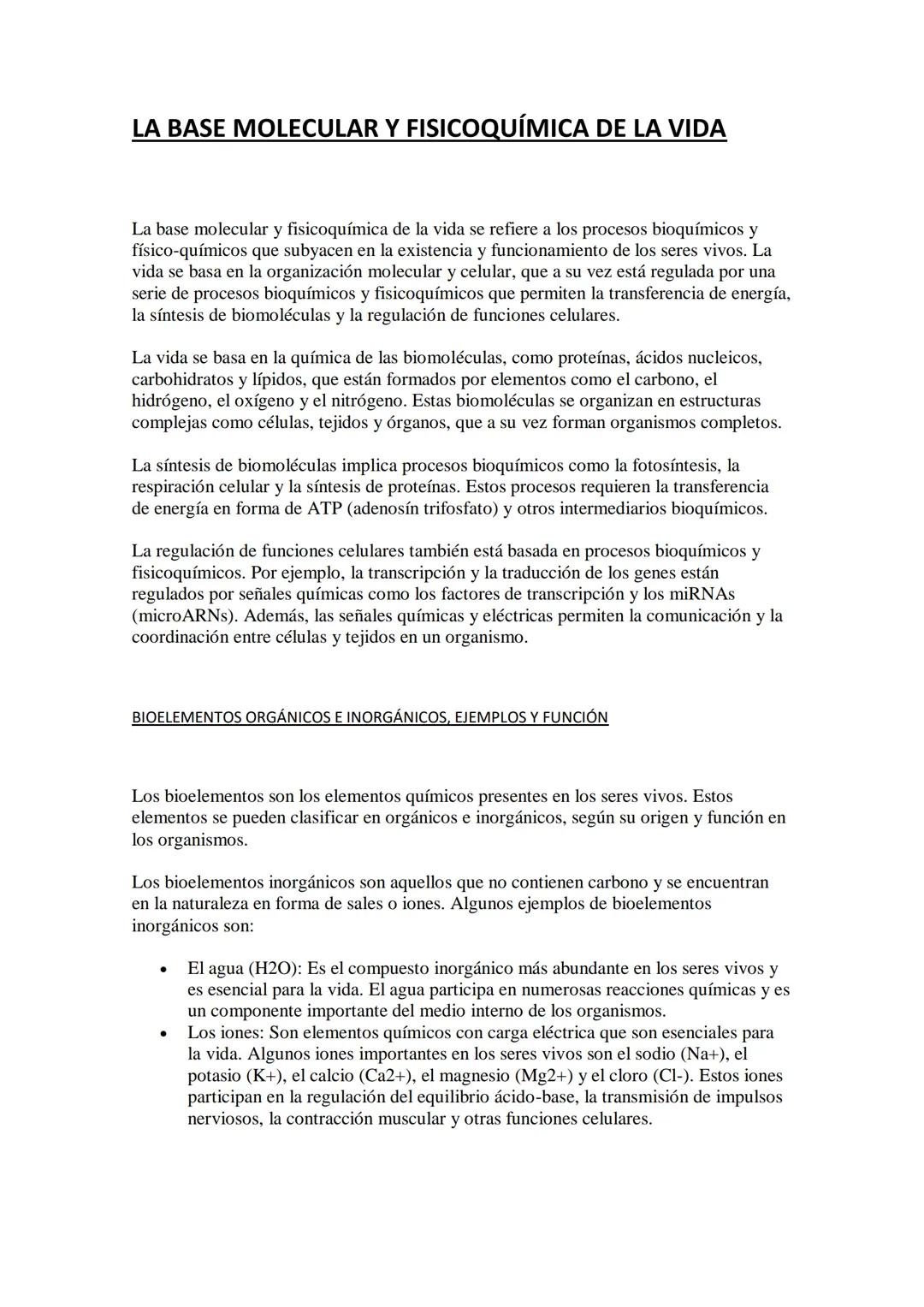LA BASE MOLECULAR Y FISICOQUÍMICA DE LA VIDA
La base molecular y fisicoquímica de la vida se refiere a los procesos bioquímicos y
físico-quí