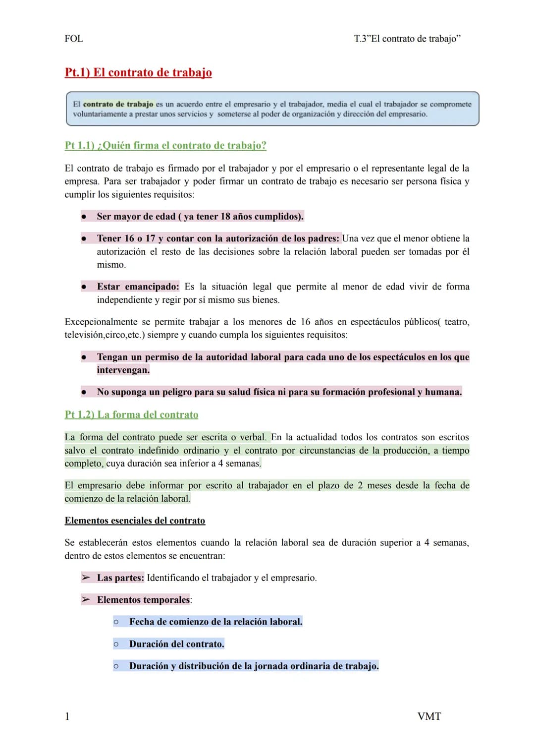 FOL
Pt.1) El contrato de trabajo
El contrato de trabajo es un acuerdo entre el empresario y el trabajador, media el cual el trabajador se co