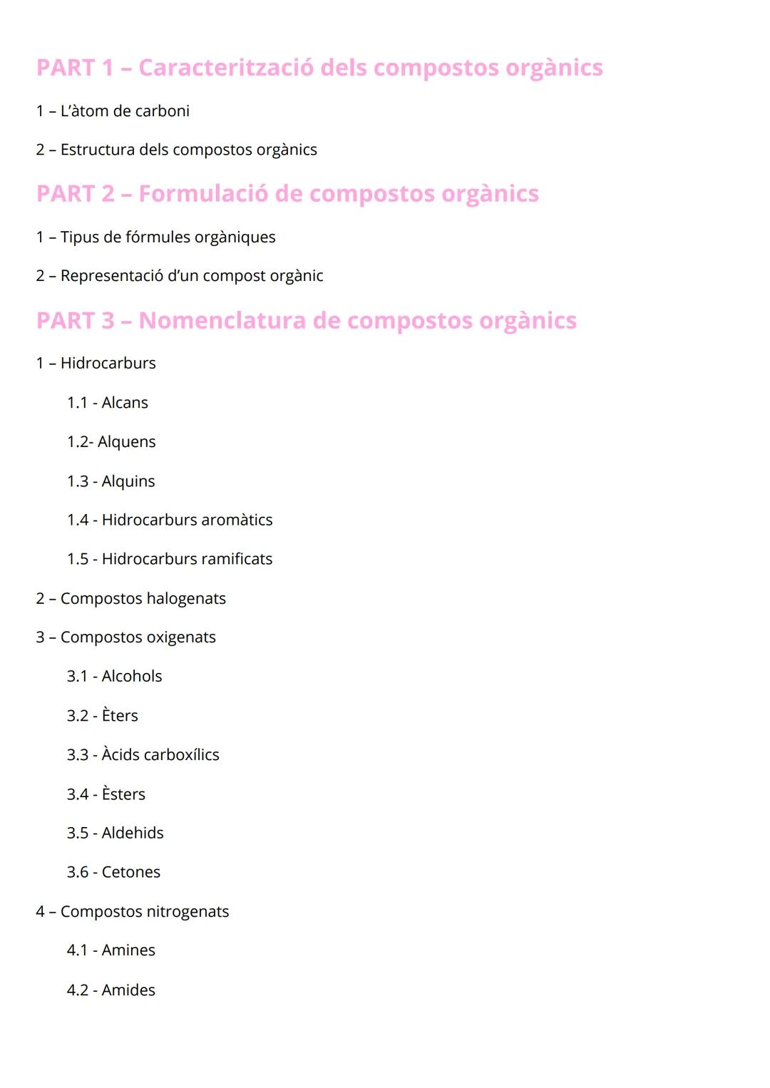 # Formulació orgànica PART 1 - Caracterització dels compostos orgànics

1- L'àtom de carboni

2 - Estructura dels compostos orgànics

PART 2