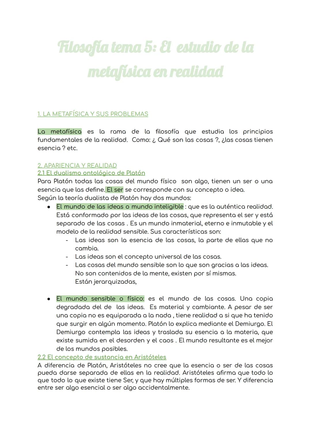 Filosofia tema 5: El estudio de la
metafísica en realidad
1. LA METAFÍSICA Y SUS PROBLEMAS
La metafísica es la rama de la filosofía que estu