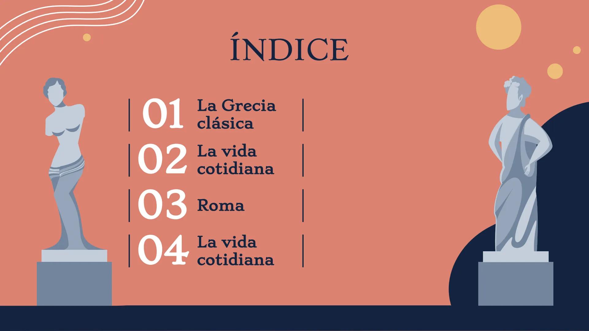LA VIDA COTIDIANA
DE LA ANTIGUA
GRECIA Y ROMA
HA
22/11
1000
1600
1600001
A11
Not ÍNDICE
| 01
| 02
|03 Roma
| 04
La Grecia
clásica
La vida
co