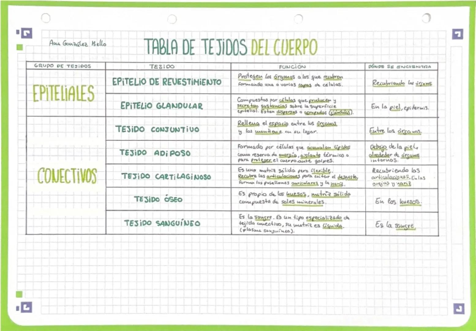 r
Ana González Bello

# TABLA DE TEJIDOS DEL CUERPO

L

| GRUPO DE TEJIDOS | TESIDO | FUNCION | DONDE SE ENCUENTRA |
|---|---|---|---|
| EPI