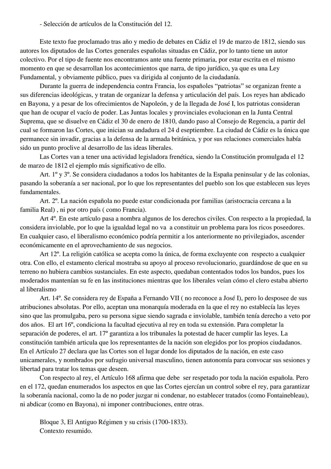 - Selección de artículos de la Constitución del 12.
Este texto fue proclamado tras año y medio de debates en Cádiz el 19 de marzo de 1812, s